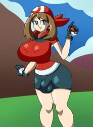 1futa balls bandana big_breasts bike_shorts breasts brown_hair bulge clothed clothing diabolussex footwear fully_clothed futa_only futanari gloves handwear human may_(pokemon) outerwear pale_skin penis pokeball pokemon pokemon_rse solo standing storyman tight_clothing