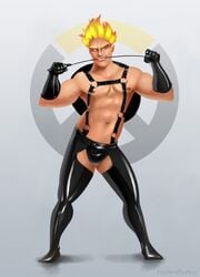 1boy bdsm_gear bondage frostbiteposters junkrat leather male male_only overwatch pinup