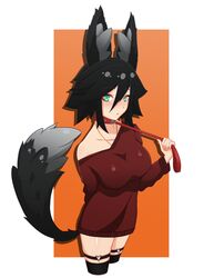 1girls animal_ears b4d big_breasts black_hair blush clothed collar female female_only green_eyes leash light-skinned_female light_skin looking_at_viewer original solo stella_(b4d) tail thighhighs wolf_ears wolf_girl wolf_tail