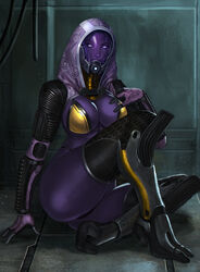 1girls alternate_version_available ass bikini_top bioware glowing_eyes hood looking_at_viewer mask mass_effect purple_skin quarian sitting soffa tali'zorah_nar_rayya thick_thighs thighhighs thighs