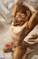 2021 abs anthro armpit_hair athletic athletic_anthro athletic_male body_hair chunie claws detailed_background erection felid foreskin fur furry genitals glans high-angle_view highres humanoid_genitalia humanoid_penis kneeling lakota_lander licking licking_lips lion looking_at_viewer male male_only mammal mane muscular muscular_male nipples nude pantherine penis pubic_hair retracted_foreskin smile solo stretching tan_body tan_fur testicles tongue tongue_out uncut