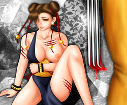 alternate_costume chun-li chun-li_(battle_ouffit_sfiv) defeated female ripped_clothing street_fighter tagme