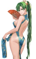 1girls ass ass_cleavage ass_crack back bangs bare_back bare_shoulders blue_dress blush breasts butt_crack dress earrings fan female fire_emblem fire_emblem:_the_blazing_blade folding_fan green_eyes green_hair hair_ornament high_ponytail highres j@ck jewelry large_breasts long_hair looking_at_viewer lyn_(fire_emblem) lyndis_(fire_emblem) nintendo pelvic_curtain ponytail simple_background smile thighs