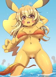 anthro anthrofied bikini blonde_hair bottomless breasts censor_bar censored cleavage female furry genitals highres large_breasts mondoro navel nintendo partially_submerged pikachu pokémorph pokemon pussy solo standing swimwear underboob wardrobe_malfunction water yellow_body