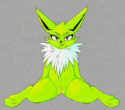 digital_media_(artwork) eeveelution eyelashes female feral fur furry furry_only genitals hi_res jolteon looking_at_viewer mammal nintendo nude open_mouth pawoo pokémon_(species) pokemon presenting presenting_pussy pussy simple_background smile solo spread_legs spreading video_games yellow_body yellow_fur