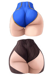 2girls artoria_pendragon artoria_pendragon_(lancer) artoria_pendragon_(lancer_alter) ass ass_focus black_leotard blue_leotard close-up clothing_cutout commentary fate/grand_order fate_(series) from_behind huge_ass leotard multiple_girls simple_background thick_thighs thigh_cutout thigh_gap thighs white_background wide_hips yamaneko_(tkdrumsco)