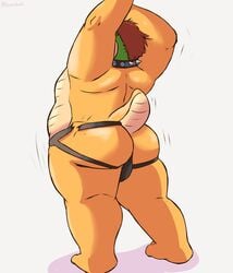 2021 absurd_res anthro ass balls barely_visible_balls barely_visible_genitalia belly bowser bulge clothing eeveecholo genitals hi_res jockstrap koopa male male_only mario_(series) nintendo overweight overweight_anthro overweight_male scalie simple_background solo underwear video_games