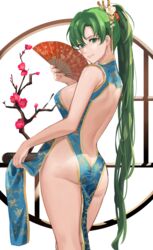 1girls ass ass_cleavage ass_crack back bangs bare_back bare_shoulders blue_dress blush breasts butt_crack dress earrings fan female fire_emblem fire_emblem:_the_blazing_blade folding_fan green_eyes green_hair hair_ornament high_ponytail highres j@ck jewelry large_breasts long_hair looking_at_viewer lyn_(fire_emblem) lyndis_(fire_emblem) ninja nintendo pelvic_curtain ponytail simple_background smile thighs