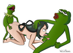 2boys big_penis blowjob fellatio female frog green_hair kermit_the_frog long_hair long_penis long_tongue meme mmf mmf_threesome muppets my_hero_academia oral_sex pepe_the_frog spitroast threesome tsuyu_asui wegotbeans