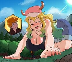 1boy 1girls breasts cleavage dakunart female giantess huge_breasts miss_kobayashi's_dragon_maid quetzalcoatl_(dragon_maid) size_difference