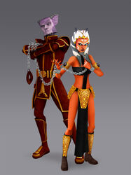 1boy 1girls 3d ahsoka_tano blue_eyes bondage brian-snook clothed clothing collar grey_background harem_outfit looking_at_viewer orange_skin pose revealing_clothes simple_background slave slave_ahsoka slave_bikini star_wars the_clone_wars:_season_four togruta younger_female