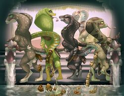 anthro feces female group group_scat halapmir hi_res male male/male nude peeing pooping_together reptile scalie scat shocked_expression snake snake_humanoid struggling