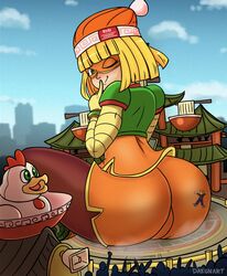 1girls arms_(game) ass blonde_hair blush bob_cut bowl dakunart dat_ass female female_only finger_to_mouth giantess huge_ass leggings min_min_(arms) nintendo noodles playful playful_face ramen shorts sitting size_difference wink