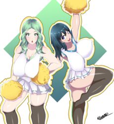 2girls alternate_costume annoyed bare_thighs blue_eyes byleth_(fire_emblem) byleth_(fire_emblem)_(female) cheerleader cheerleader_uniform female_only fire_emblem fire_emblem:_three_houses fully_clothed green_eyes green_hair huge_breasts large_breasts looking_at_viewer medium_hair nintendo nipple_bulge rhea_(fire_emblem) senak012 teal_hair thighhighs