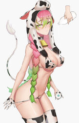 1girls absurdres alternate_costume animal_hood animal_print bell bell_collar bikini bikini_pull blush bottle braids breasts collar covered_nipples cow_bell cow_bikini cow_hood cow_print cow_tail demon_slayer disembodied_hand female gloves gradient gradient_hair green_eyes green_hair highres kanroji_mitsuri kimetsu_no_yaiba large_breasts long_hair looking_at_viewer milk milk_bottle navel nipple_slip nipples pink_hair pubic_hair simple_background smile solo solojian swimsuit tail thighhighs twin_braids two_tone_hair very_long_hair white_background