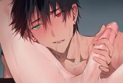 2boys black_hair blush earrings faceless faceless_male fellatio gay green_eyes heterochromia hypnosis_mic jewelry looking_at_viewer male_focus multiple_boys oral penis penis_grab penne_(artist) pov red_eyes saliva saliva_trail tagme yamada_ichirou_(hypnosis_mic) yaoi