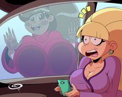 2girls alternate_breast_size big_breasts blonde_hair breasts_on_glass car cleavage clothing disney disney_channel female_only frostbiteboi funny gravity_falls hi_res highres huge_breasts large_breasts mabel_pines mastrophobia mastrophobia_car_boob_window_meme meme pacifica_northwest straight_hair surprised