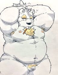 2021 anthro balls belly black_nose fur genitals hi_res kemono male mammal moobs navel nipples overweight overweight_anthro overweight_male penis small_penis solo suishou0602 ursid white_body white_fur