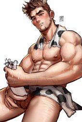 1boy abs animal_print arm_hair bara biceps blush brown_hair censored chest_hair cow_boy cow_horns cow_print cum earrings ejaculation erection facial_hair greentea hairy_chest hairy_legs highres horns jewelry leg_hair male male_focus male_masturbation male_only masturbation mature_male muscular muscular_male nipples original pectorals penis scar scar_on_face scar_on_nose short_hair solo stomach stubble testicles thick_thighs thighs towel towel_around_neck towel_around_waist