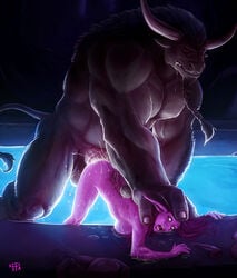 3_fingers anthro balls bent_over blizzard_entertainment bodily_fluids bovid bovine breasts cum cum_inside duo elf erection female female_penetrated fingers forced from_behind_position genital_fluids genitals glowing glowing_eyes hi_res horn humanoid larger_male m1ken male male/female male_penetrating male_penetrating_female mammal night_elf np4tch open_mouth penetration penis rape realistic restrained saliva sex size_difference smaller_female smaller_penetrated tauren video_games warcraft water wet