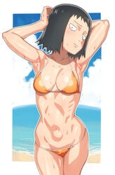 1girls armpits arms_behind_head arms_up bare_shoulders beach bikini black_eyes black_hair blush breasts cleavage constricted_pupils eyelashes female female_only hips kurata_tome midriff mob_face mob_psycho_100 navel pose solo sweat tenchisouha