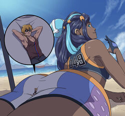 1boy 1girls ass dark-skinned_female dark_skin female giantess gym_leader human nessa_(pokemon) nintendo pokemon pokemon_ss zerohour99