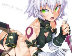 :o arm_belt arms_behind_back ass ass_cleavage bandaged_arm bandages bangs bare_shoulders belt belt_buckle black_belt black_legwear black_panties black_shirt black_underwear boots breasts brown_belt buckle butt_crack clavicle crop_top cropped_legs eyebrows_visible_through_hair facial_scar fate/apocrypha fate/grand_order fate_(series) female from_behind green_eyes grey_hair groin hair_between_eyes jack_the_ripper_(fate) jack_the_ripper_(fate/apocrypha) looking_away looking_up lowleg lowleg_panties multicolored multicolored_eyes navel open_mouth pantsu scar scar_across_eye scar_on_cheek scar_on_face shiny shiny_clothes shiny_skin shirt short_hair shoulder_tattoo signature simple_background sleeveless sleeveless_shirt small_breasts solo standing stomach tattoo thick_thighs thigh_boots thighhighs thighs thong torichamaru turtleneck underwear white_background wide_hips yellow_eyes