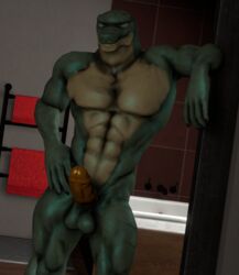 3d_(artwork) anthro digital_media_(artwork) erection genitals leaning lizard looking_at_viewer male muscular muscular_anthro muscular_male penis reptile scalie snak3 solo source_filmmaker