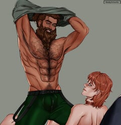 2boys abs artist_name bartel beard before_sex bigger_dom blue_eyes body_hair braided_beard brown_eyes brown_hair confident dominant_male domination facial_hair gay hairy_chest hairy_male human hunk long_beard long_hair_male maddyartworks male male/male male_nipples male_only male_pubic_hair manly mature_male muscles muscular_male mustache no_visible_genitalia orange_hair pavel_(character) pecs penis_bulge size_difference smile suspenders topless_male twink yaoi