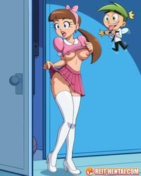 1boy 1girls background blue_eyes breasts brown_hair canon_genderswap clothes_lift concerned cosmo earrings female genderswap high_heels lipstick male nipples no_bra no_panties open_mouth ponytail reit revealing_clothes rule_63 skirt skirt_up stockings straight_hair the_fairly_oddparents timantha timmy_turner white_stockings