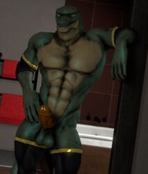 3d_(artwork) anthro armwear clothing digital_media_(artwork) erection genitals leaning legwear lizard looking_at_viewer male penis reptile rings_on_arms rings_on_legs scalie snak3 solo source_filmmaker