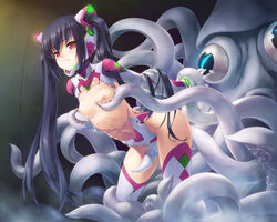 anticipation black_hair blush breasts clenched_teeth flat_chest humiliation imminent_rape imminent_tentacle_rape nipple_fondling nipples red_eyes restrained scared tentacle tentacle_monster torn_clothes witch_(pixiv151050)