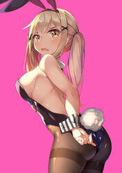 1girls adjusting_clothes ass back bang_dream! blonde_hair blush breasts bunny_costume bunny_ears bunny_outfit bunny_tail bunnysuit facing_viewer female female_only ichigaya_arisa large_breasts leggings long_hair nasudora open_mouth pink_background side_view sideboob simple_background solo twintails yellow_eyes