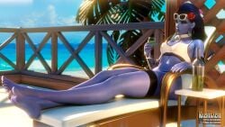 3d barefoot bikini blizzard_entertainment choker cote_d'azur_widowmaker drink feet kachigachi overwatch purple_hair purple_skin red_nail_polish red_nails red_toenails sitting soles sunglasses sunglasses_on_head swimsuit tattoo thick_thighs toe_ring toering widowmaker