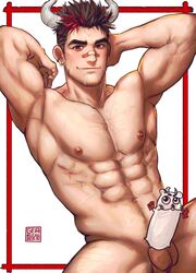 1boy abs arms_behind_head bandaid bandaid_on_nose bara black_hair censored chest_hair chinese_zodiac completely_nude cow_boy cow_horns earrings erection facial_hair greentea hairy_chest happy_new_year highres horns jewelry large_pectorals male_focus male_only male_pubic_hair male_solo mature_male multicolored_hair muscular muscular_male navel navel_hair new_year nipples nude original penis pubic_hair red_hair short_hair smile solo spread_legs stomach streaked_hair stubble thighs treasure_trail year_of_the_ox