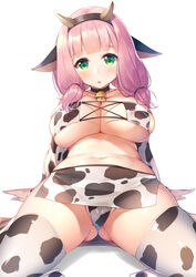 1girls absurdres animal_ears animal_print arm_support bang_dream! bangs bell bell_choker bikini blush breasts chinese_zodiac choker cleavage collarbone cow_bikini cow_ears cow_girl cow_horns cow_legwear cow_print cowbell curvy eyebrows_visible_through_hair eyepatch_bikini fake_animal_ears fake_horns female female_only green_eyes hair_tie hairband headband highres horn horns large_breasts legs legwear looking_at_viewer low_twintails medium_hair nasudora navel open_mouth pelvic_curtain pink_hair simple_background sitting solo stomach swimsuit thighhighs thighs twintails uehara_himari white_background