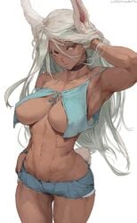 1girls abs absurd_res areola_slip artist_name big_breasts breasts bunny_ears bunny_tail choker cleavage curvy cutesexyrobutts dark-skinned_female dark_skin erect_nipples erect_nipples_under_clothes female female_only hi_res midriff miruko muscular_female my_hero_academia red_eyes rumi_usagiyama short_shorts shorts shounen_jump signature solo tomboy white_background white_hair wide_hips