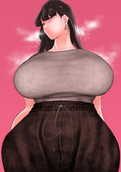 1girls big_breasts blush breasts clothed dark_brown_hair eyebrows_visible_through_hair female huge_breasts large_breasts long_hair looking_at_viewer low-angle_view nonude original peace_sign ping-fuhherin solo solo_female steam sweatdrop sweatpants tank_top wide_hips