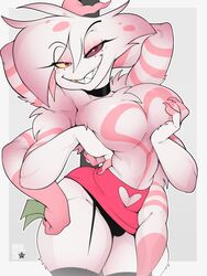 1boy angel_dust_(hazbin_hotel) anthro arachnid big_butt black_underwear bulge chest_fur curvy femboy hazbin_hotel legwear male_only money mr5star multi_arm multi_limb multicolored_fur muscular muscular_male pink_fur pink_hands pink_skirt pole pole_dancing sharp_teeth simple_background solo spider vivienne_medrano white_fur