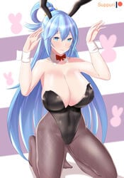 :3 animal_ears aqua_(konosuba) aqua_eyes aqua_hair bare_shoulders big_breasts black_leotard bowtie breasts bunny_ears bunny_girl bunnysuit cameltoe collarbone covered_navel covered_nipples fake_animal_ears hair_ornament kneeling kono_subarashii_sekai_ni_shukufuku_wo! leotard long_hair pantyhose red_bowtie suppuri very_long_hair