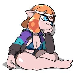 barefoot big_breasts bikini blue_eyes breasts cleavage clothing feet female hand_on_chin inkling inkling_girl multicolored_jacket nintendo omoitukan2 orange_hair pointy_ears shiny short_shorts sitting smirk smooth_skin solo splatoon splatoon_2 tentacle_hair thick_thighs