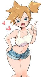 asymmetrical_hair belt_loop blue_eyes blush breasts chorimokki denim denim_shorts female gym_leader heart kasumi_(pokemon) legs midriff navel open_mouth orange_hair pokemon pokemon_rgby ponytail red_hair short_hair short_shorts shorts side_ponytail smile solo tank_top thighs tied_hair