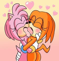 adorable amy_rose anthro blush closed_eyes cute echidna eyelashes female french_kiss hedgehog hug kissing lesbian mepwep orange_body orange_hair pink_body pink_hair saliva sonic_(series) tan_body tikal_the_echidna tongue yuri