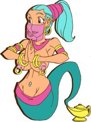 1girls alternate_costume animated aqua_hair biannca biannca_(mnf) color colored curvy_female ear_piercing earrings erect_nipples female genie genie_biannca genie_lamp ghost_tail gold_jewelry hands_together high_ponytail jewelry lamp large_breasts magic_shop meet_'n'_fuck_games mole_under_eye motion_tweening navel_gem nipple_piercing nipples pink_eyes ponytail ring roninsong smile tagme tanned tanned_female