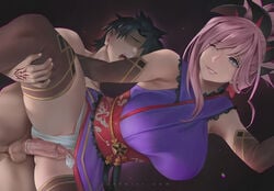 1boy balls bangs bare_shoulders black_hair blue_eyes blue_kimono blush breasts brown_legwear command_spell condom detached_sleeves erection fate/grand_order fate_(series) female fujimaru_ritsuka_(male) fundoshi hair_ornament japanese_clothes kimono large_breasts leg_lift long_hair male miyamoto_musashi_(fate) obi one_eye_closed open_mouth penis pink_hair ponytail sash short_hair short_kimono sleeveless sleeveless_kimono smile spread_legs straight swept_bangs testicles thighhighs thighs unfairr