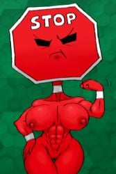 animate_inanimate areola big_breasts big_head black_eyes breasts collar english_text fan_character female flexing flexing_bicep for_a_head frown genitals geometria_(series) geometrian_(species) muscular muscular_female nipples nude object_head pussy red_body red_skin shirtbusters stop_sign text traffic_sign wristband