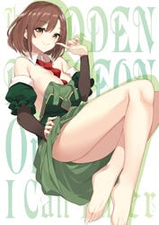 absurdres bare_shoulders barefoot between_breasts breasts brown_eyes brown_hair cleavage detached_collar detached_sleeves dress feet female green_dress grin highres holding holding_clothes holding_dress lola_metrose looking_at_viewer necktie necktie_between_breasts official_art red_neckwear short_hair smile the_hidden_dungeon_only_i_can_enter white_background