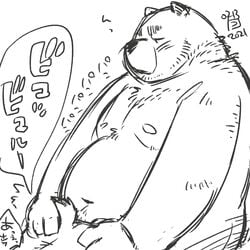 1:1 2021 anthro belly duo japanese_text kemono male mammal monochrome navel overweight overweight_male sex sketch solo_focus text totemoii_029 ursid