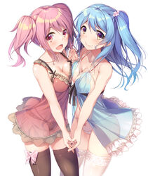 2girls :d absurdres asymmetrical_docking babydoll bang_dream! bangs black_legwear black_neckwear blue_babydoll blue_hair blush bow breast_press breasts cameltoe cleavage collarbone flower frilled_babydoll frills hair_flower hair_ornament highres holding_hands lace lace-trimmed_legwear lace_trim long_hair looking_at_viewer maruyama_aya matsubara_kanon medium_breasts multiple_girls nasudora neck_ribbon negligee one_side_up open_mouth panties pink_bow pink_eyes pink_hair purple_eyes red_babydoll ribbon see-through simple_background smile thighhighs twintails underwear wavy_mouth white_background white_legwear white_panties