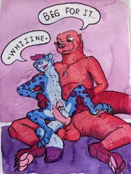 anthro begging bodily_fluids chastity_cage chastity_device cum duo felid genital_fluids genitals hi_res lutrine male male/male mammal mustelid pantherine penis size_difference snow_leopard sushiotter_(artist)